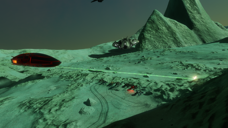 "Elite Dangerous SRVs lined up to race with a hovering ship pionting a starting laser"