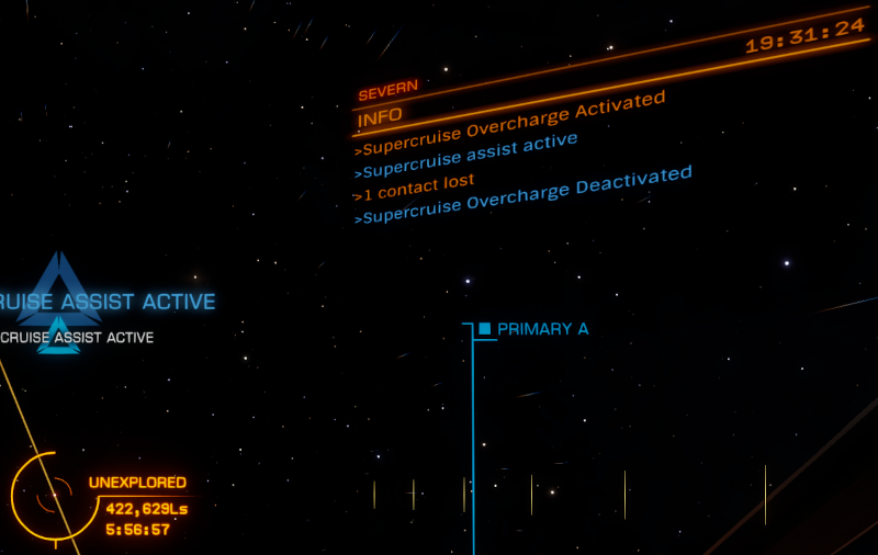 "Elite Dangerous cockpit view showing a target 423,000 light seconds away"
