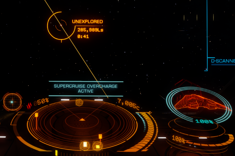 "Elite Dangerous cockpit view showing a speed of 7005c"