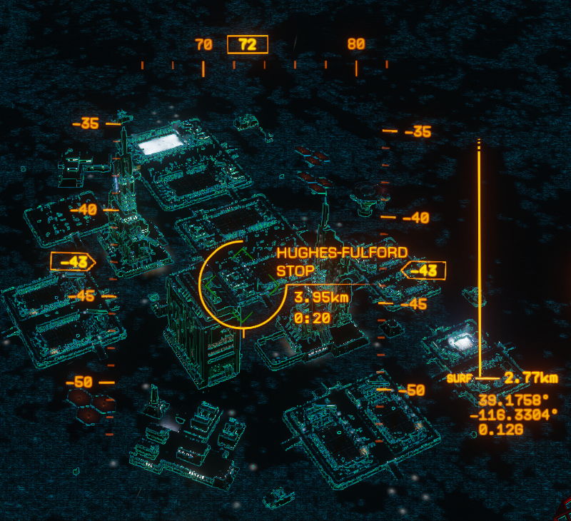"Elite Dangerous cocpit view with night vision active over Hughes Fulford Stop"