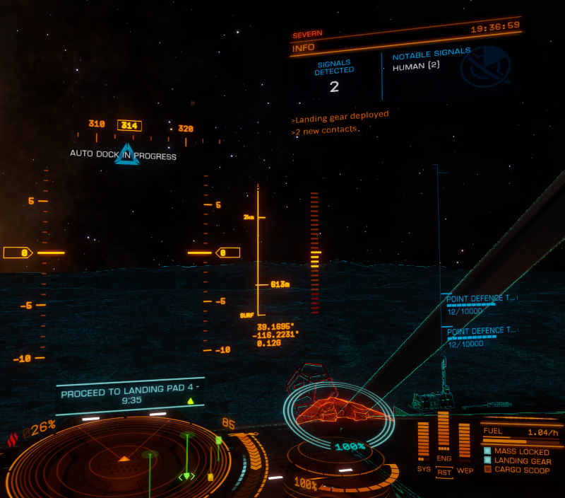 "Elite Dangerous cockpit view coming in for a landing showing the ship clock"