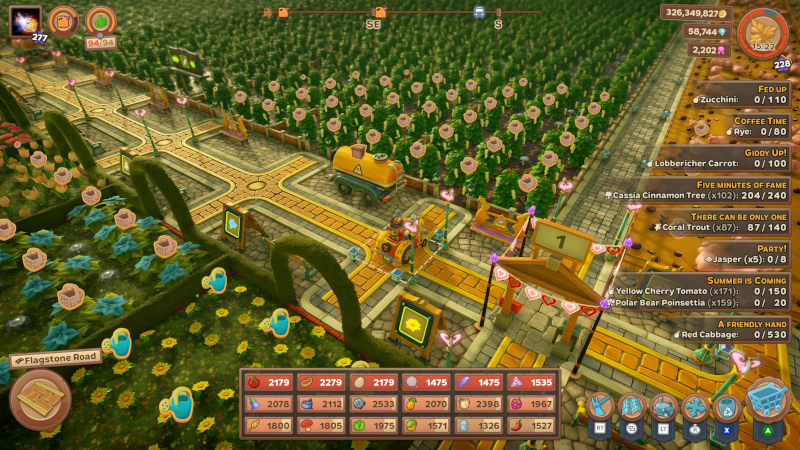 "Farm Together 2 field of crops and flowers with a farmer on a tractor"